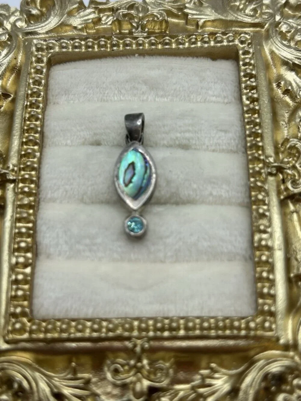 Vintage Sterling Silver Abalone Pendant Marquise Inlay Blue Stone Accent - Picture 2 of 12